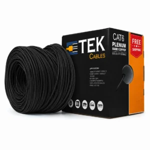 Cat6 Plenum 23 AWG Solid Bare Copper Conductor Close-up, Black Jacket