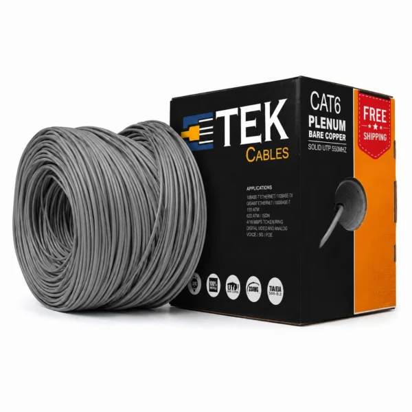 Cat6 Plenum 23 AWG Solid Bare Copper Conductor Close-up, Gray Jacket
