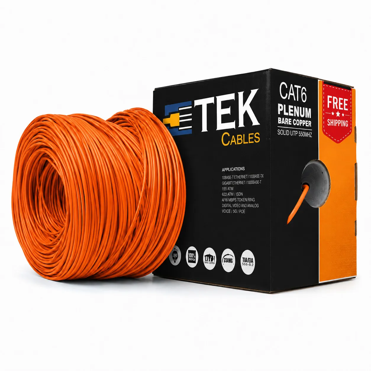 Cat6 Plenum 23 AWG Solid Bare Copper Conductor Close-up, Orange Jacket