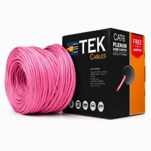 Cat6 Plenum 23 AWG Solid Bare Copper Conductor Close-up, Pink Jacket