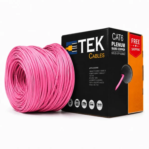 Cat6 Plenum 23 AWG Solid Bare Copper Conductor Close-up, Pink Jacket
