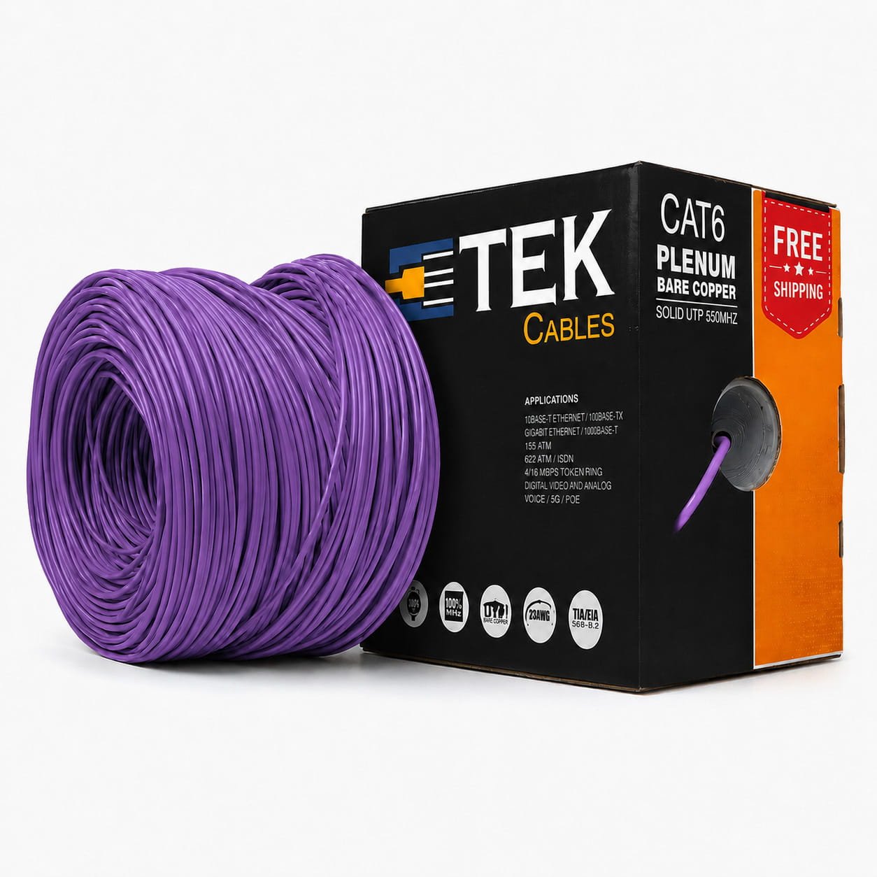 Cat6 Plenum 23 AWG Solid Bare Copper Conductor Close-up, Purple Jacket