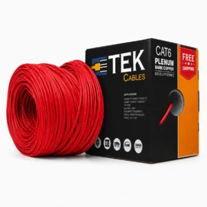 Cat6 Plenum 23 AWG Solid Bare Copper Conductor Close-up, Red Jacket