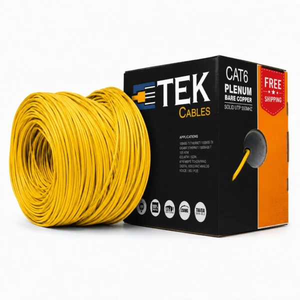 Cat6 Plenum 23 AWG Solid Bare Copper Conductor Close-up, Yellow Jacket